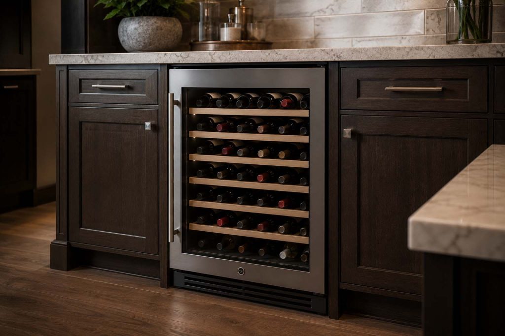 GE Monogram wine cooler temperature display set to storage temperature