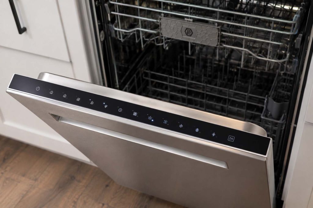 GE Monogram dishwasher control panel with the door open