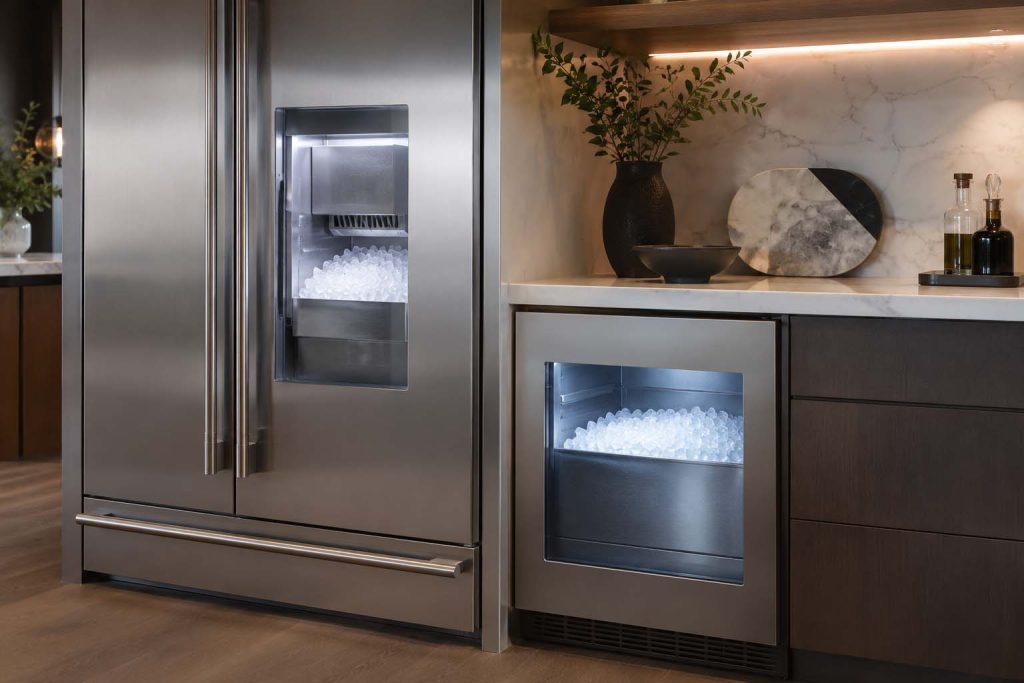 GE Monogram built-in refrigerator ice maker beside an undercounter nugget ice maker