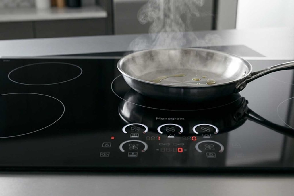 GE Monogram induction cooktop with touch controls and a pan on a heated burner
