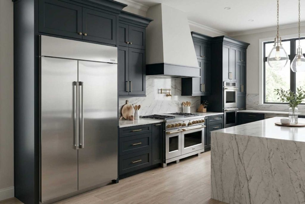 GE Monogram built-in refrigerator and range in a high-end kitchen