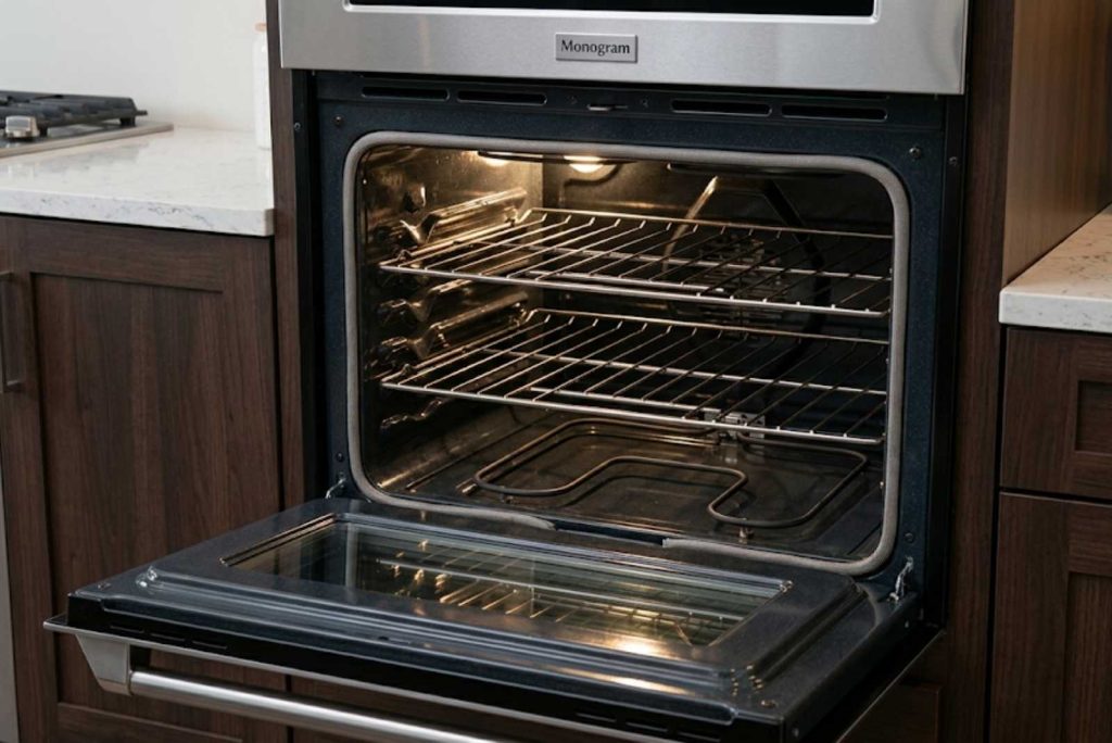 GE Monogram wall oven with door open and bake element exposed
