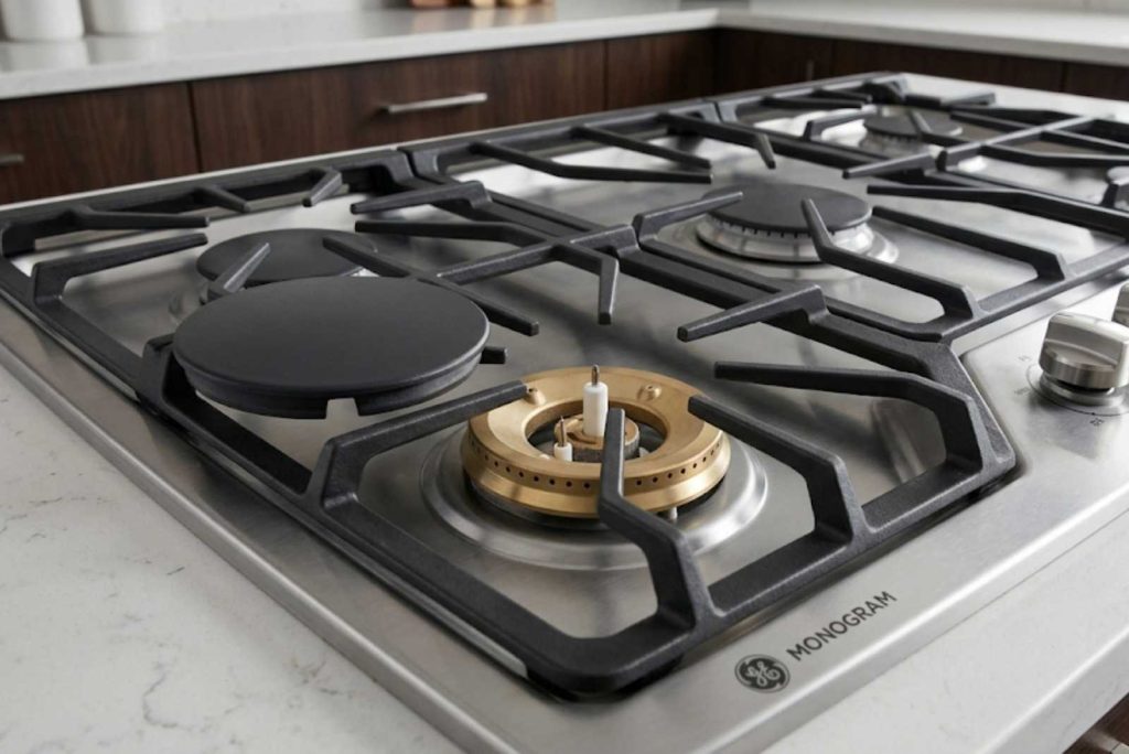 GE Monogram sealed gas burner with cap removed showing the igniter