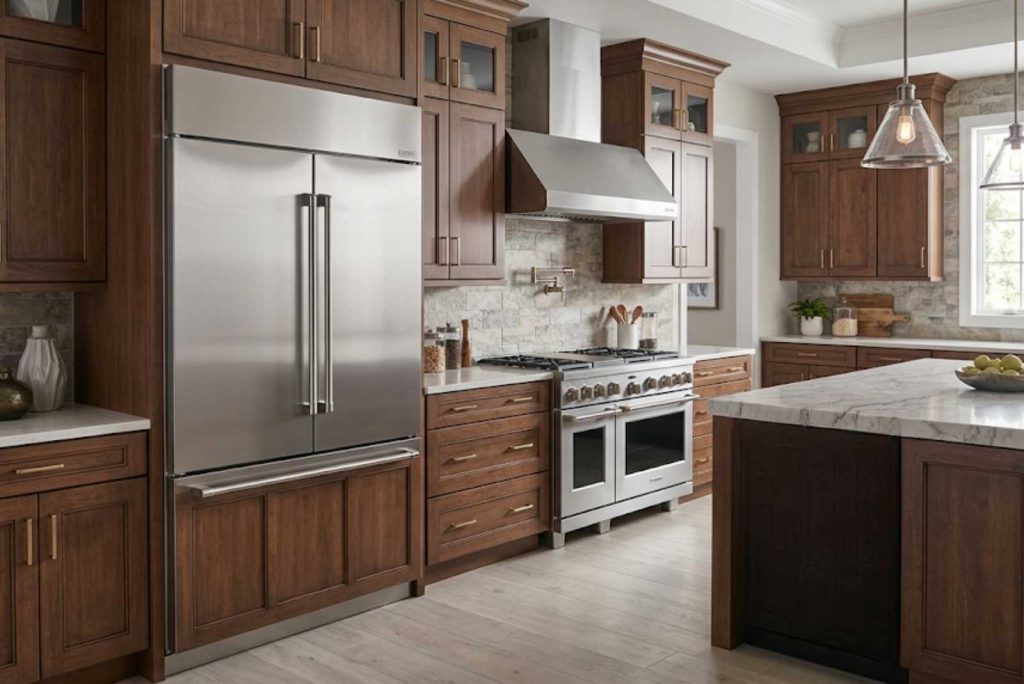 GE Monogram built-in refrigerator, range, and dishwasher in a luxury kitchen