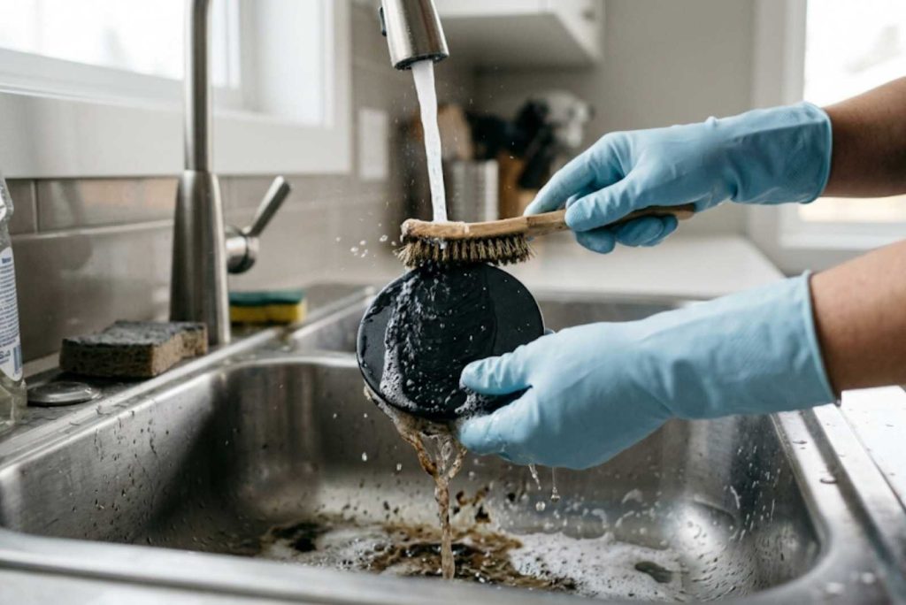 Cleaning a gas burner cap with a brush over a sink