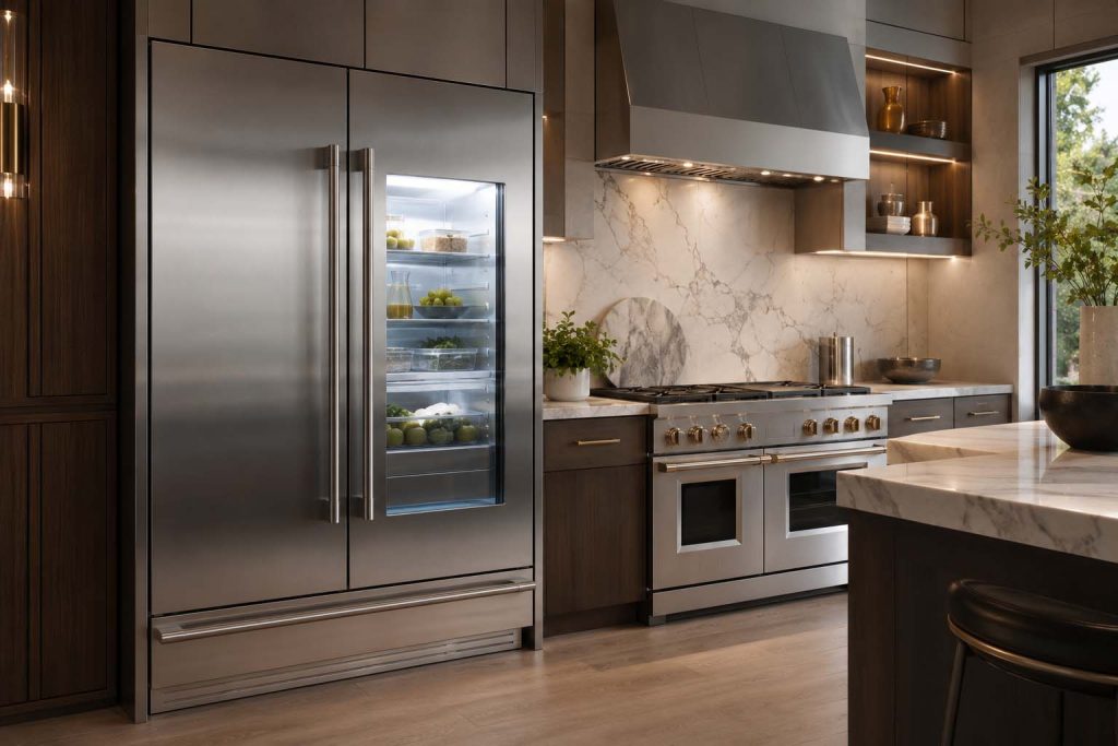 GE Monogram built-in refrigerator and pro range in a luxury kitchen