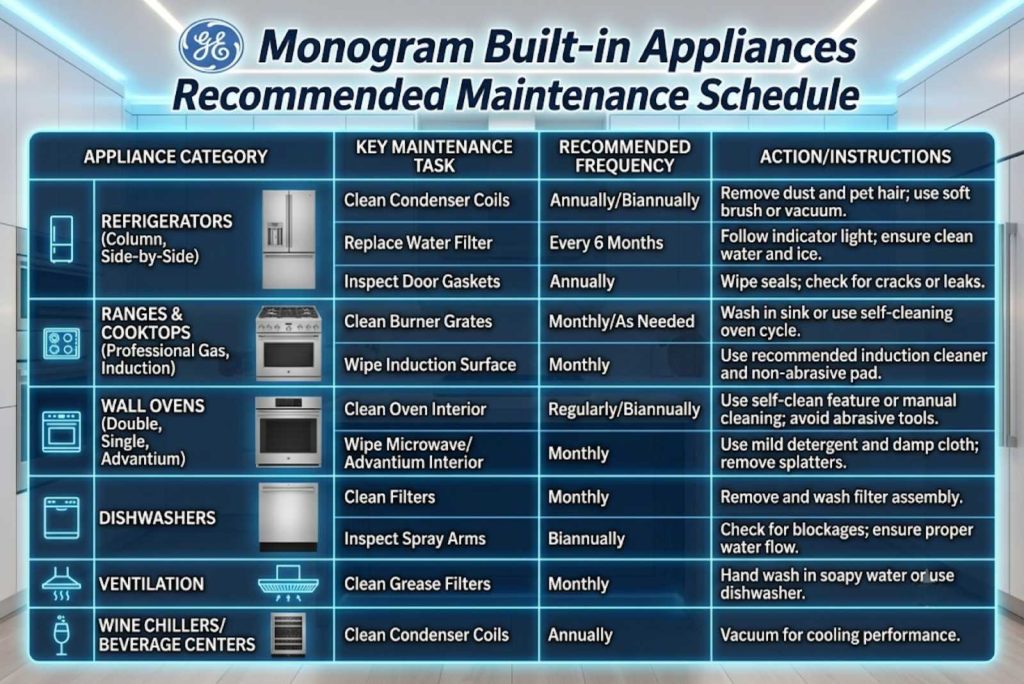Year-round maintenance schedule for GE Monogram built-in appliances