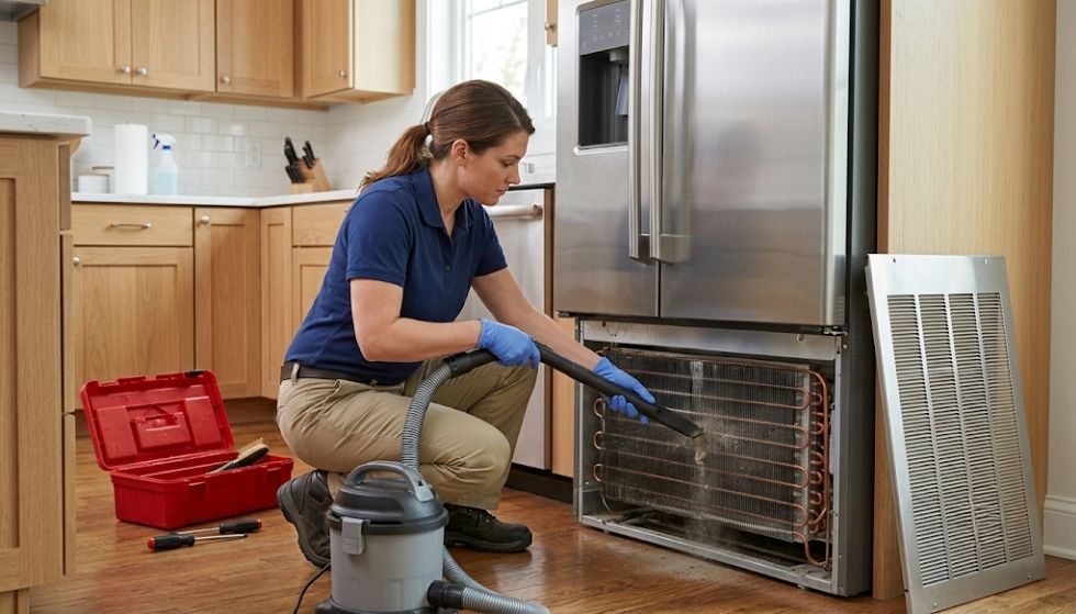 Technician cleaning refrigerator condenser coils with a vacuum in a modern kitchen