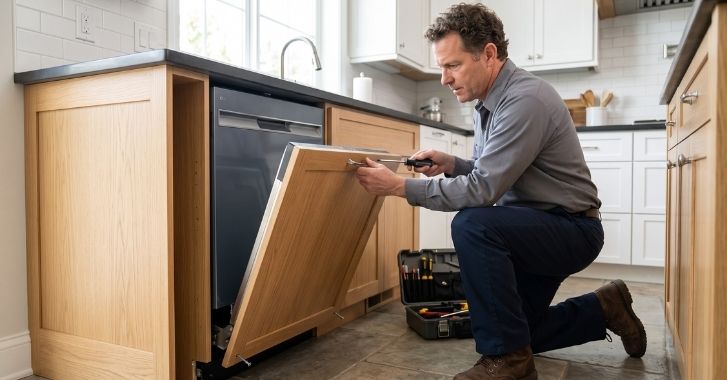 GE Monogram built-in dishwasher open in a kitchen Inline