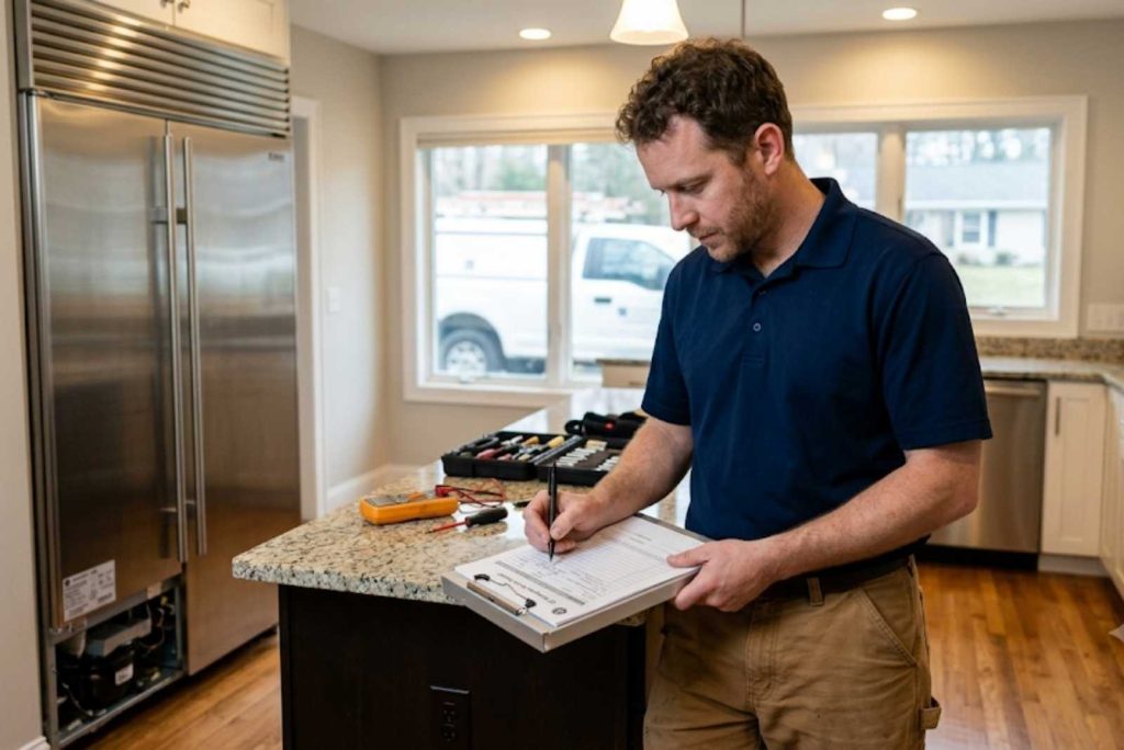 GE Monogram technician preparing a written repair quote