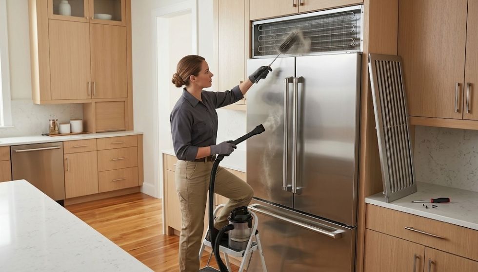 Cleaning the condenser coils on a GE Monogram refrigerator
