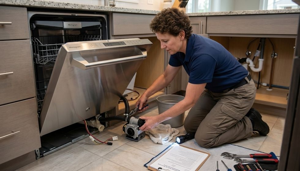 Technician removing a GE Monogram dishwasher drain pump 