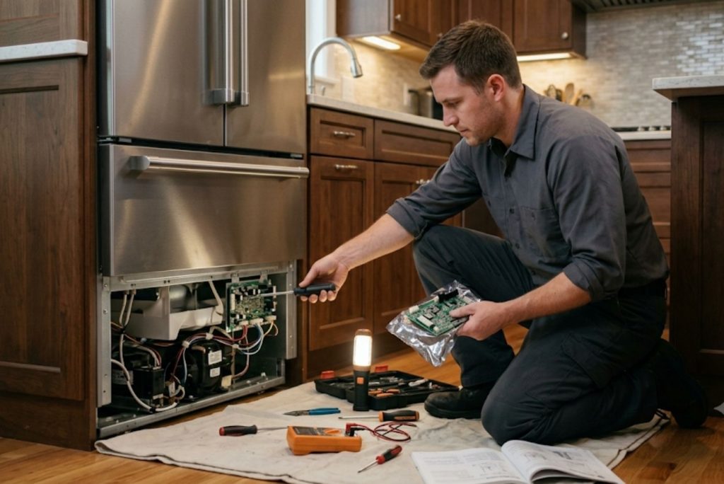 Technician replacing a GE Monogram refrigerator control board