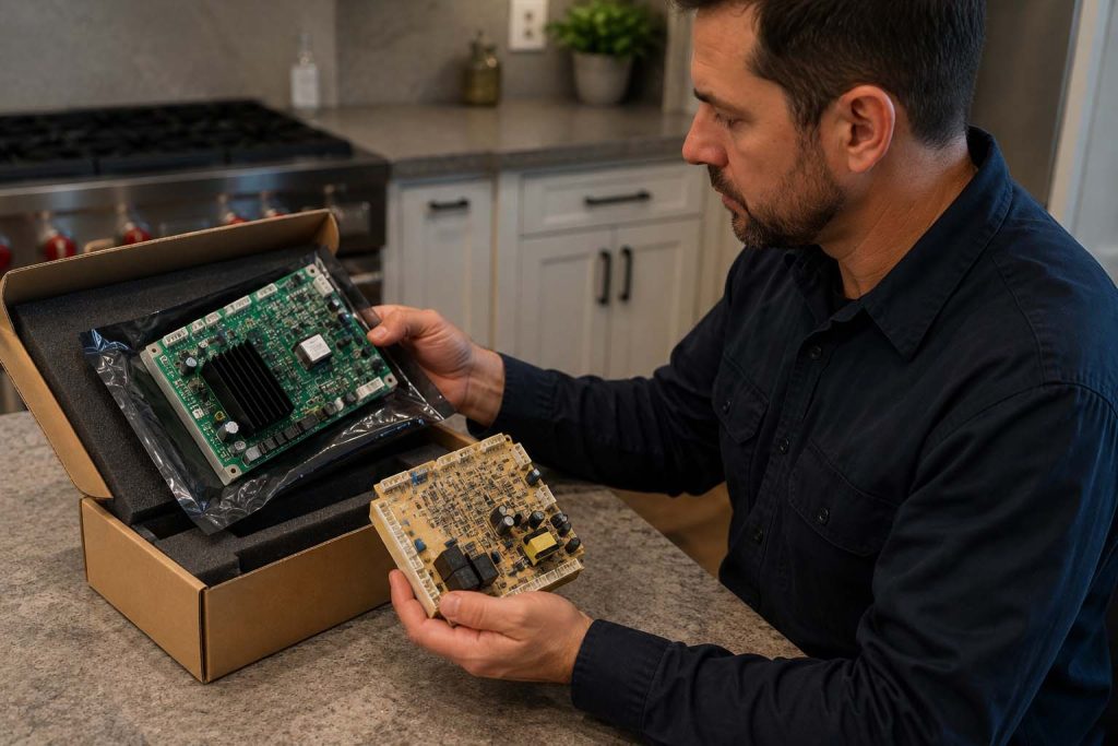 Technician comparing a genuine GE Monogram OEM part in its box with a generic aftermarket control board