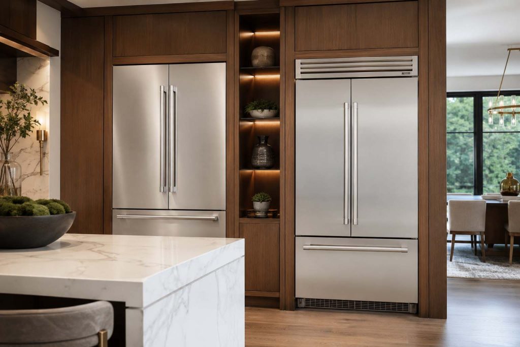 GE Monogram vs Sub-Zero built-in refrigerators installed flush in a luxury kitchen