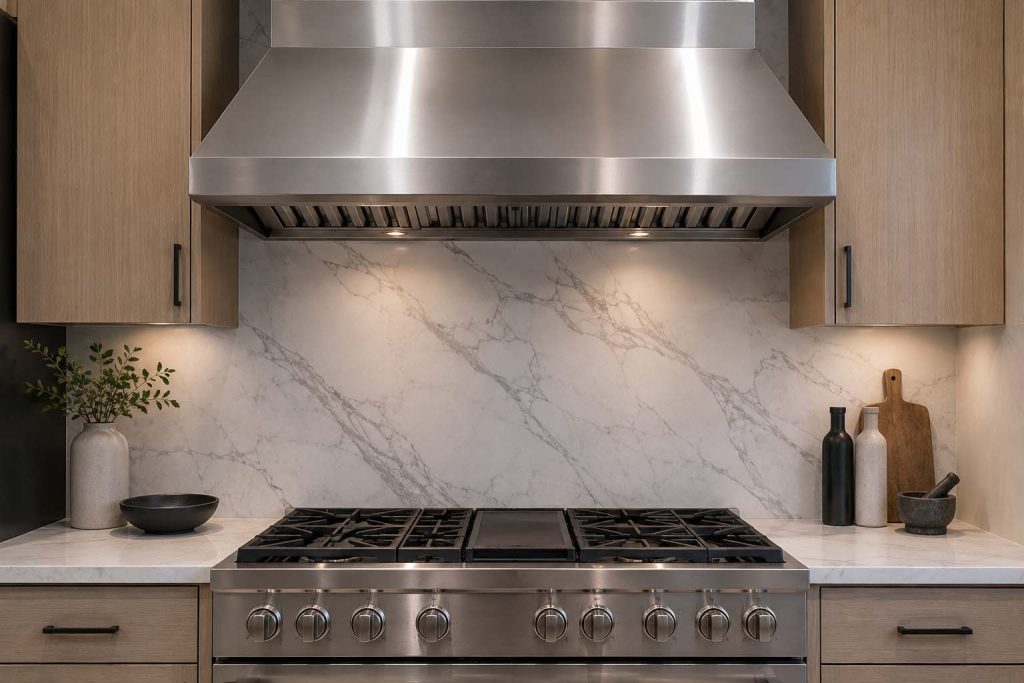 GE Monogram stainless vent hood mounted above a built-in gas range