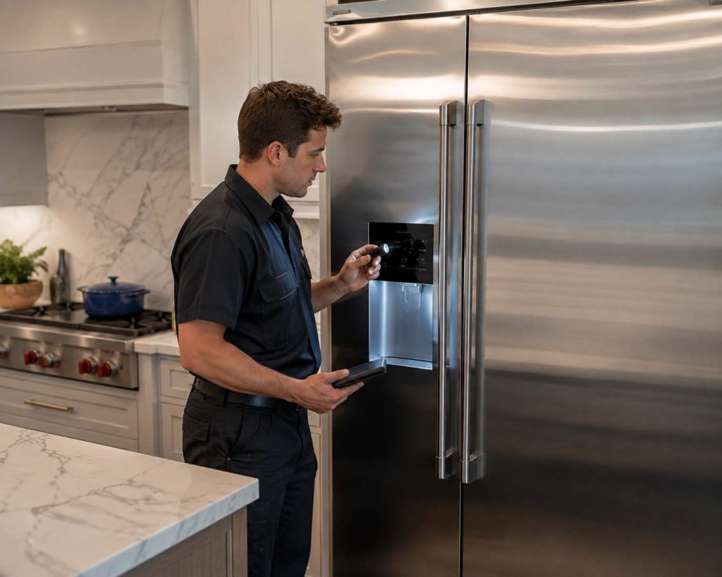A technician in a clean uniform inspecting the sealed control panel of a built-in GE Monogram refrigerator in a luxury kitchen